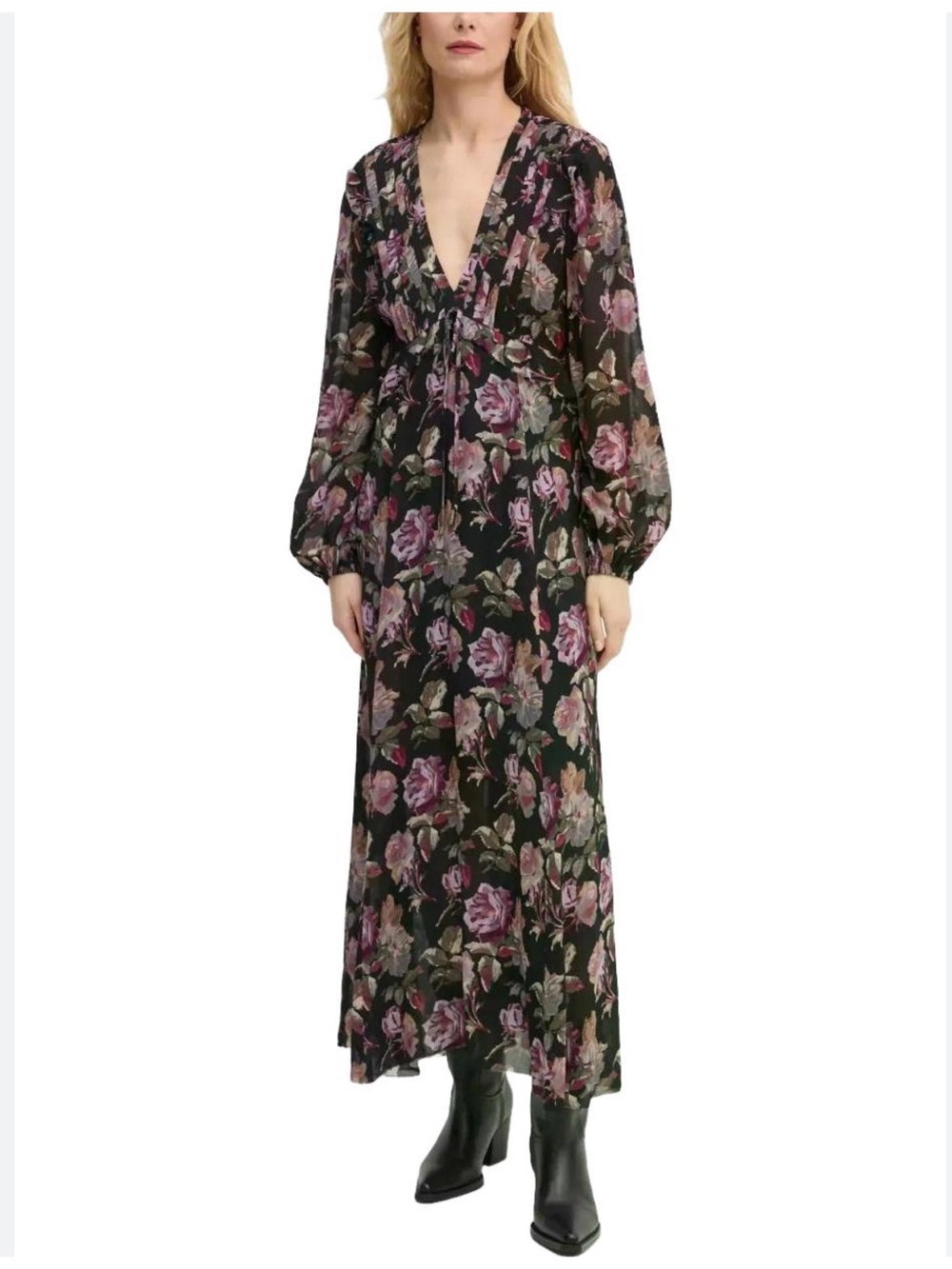 The Kooples Black Maxi Dress with Pink Floral Print